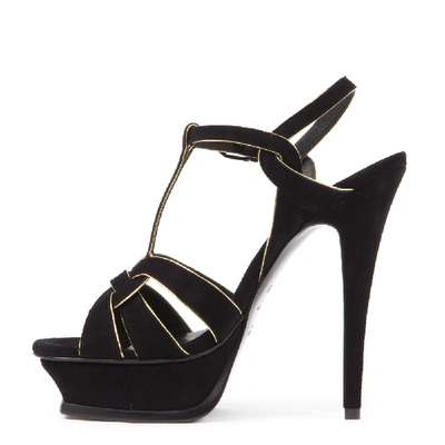 Shop Saint Laurent Tribute Black Suede Sandals With Gold Leather Trim