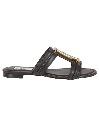 Shop Tod's Black Sandal With Double T In Gold In Grey