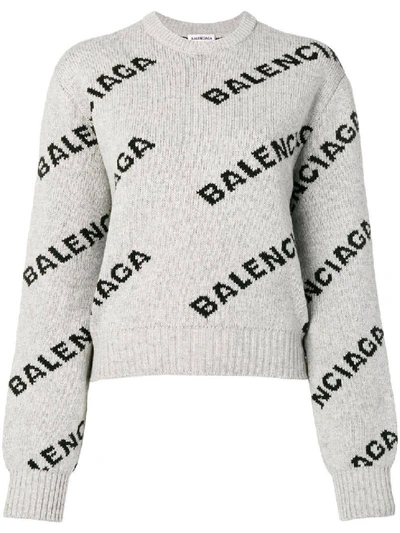 Balenciaga Grey Women's Grey Logo Print Crew Neck Sweater In White |  ModeSens