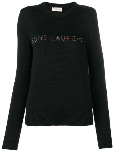 Shop Saint Laurent Black Women's Embellished Logo Jumper
