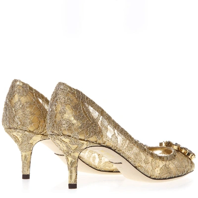 Shop Dolce & Gabbana Bellucci Pumps In Lurex And Gold Lace With Brooch In Neutrals