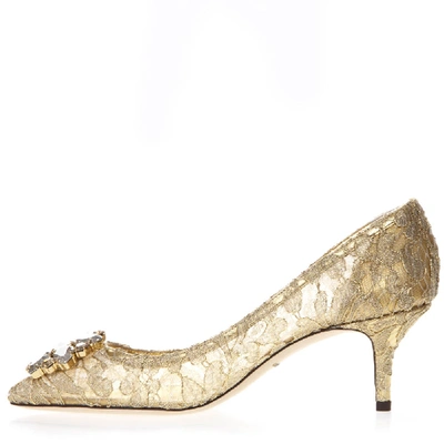 Shop Dolce & Gabbana Bellucci Pumps In Lurex And Gold Lace With Brooch In Neutrals