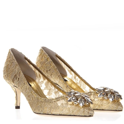 Shop Dolce & Gabbana Bellucci Pumps In Lurex And Gold Lace With Brooch In Neutrals