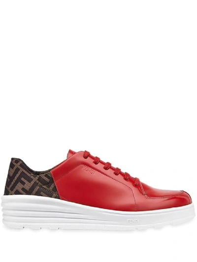 Shop Fendi Red Men's Ff Motif Lace-up Sneakers In White