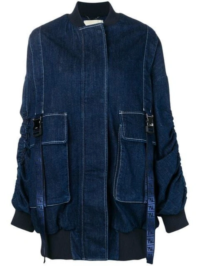 Shop Fendi Blue Women's Over-sized Denim Bomber Jacket In Black