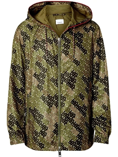 Shop Burberry Green Men's Monogram Print Nylon Hooded Jacket In Black