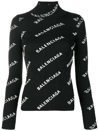 Shop Balenciaga Black & White Women's Black Logo Print Cut-out Knit Top
