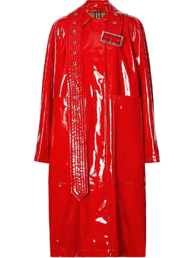 Shop Burberry Red Women's Belt Detail Laminated Coat