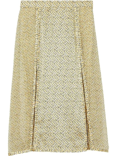 Shop Burberry Yellow Women's Monogram Print Silk Pleated Skirt In Neutrals