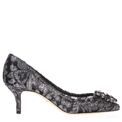 Shop Dolce & Gabbana Bellucci Pumps In Lurex And Pewter Lace With Brooch In Black