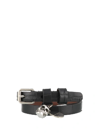 Shop Alexander Mcqueen Skull Croco Print Double Wrap Bracelet In Black