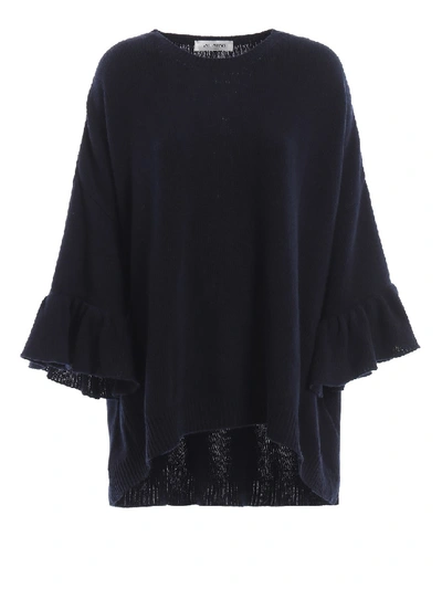 Shop Valentino Frill Sleeve Navy Cashmere Sweater In Black