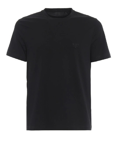 Shop Prada Logo Embroidery Black Stretch T-shirt