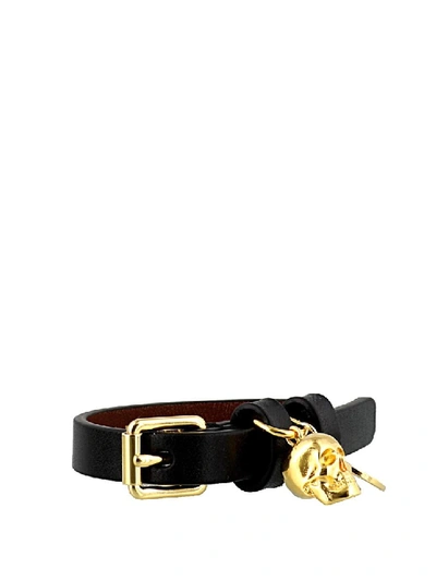 Shop Alexander Mcqueen Skull Buckle Detailed Leather Bracelet In Black