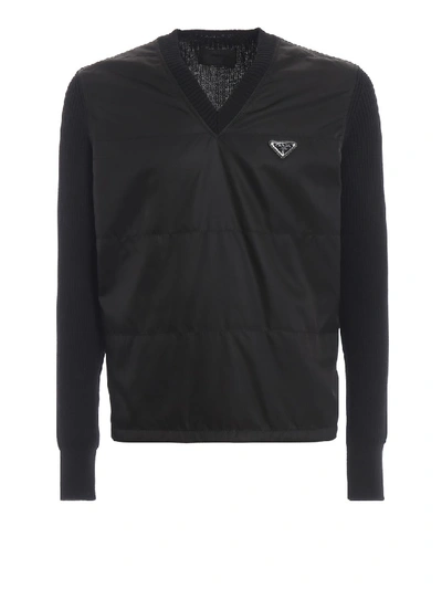 Shop Prada Padded Nylon Front Wool Sweater In Black