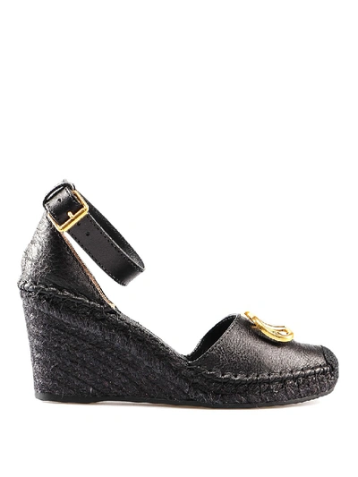 Shop Valentino Vlogo Black Wedge Espadrilles