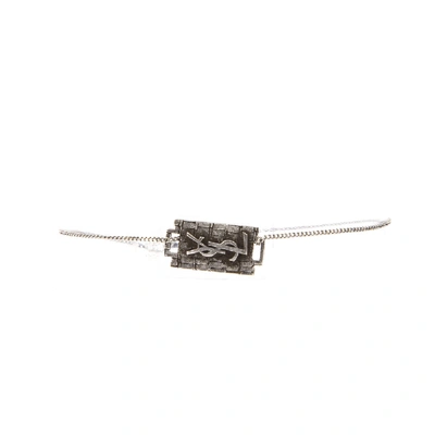 Shop Saint Laurent Razor Blade Bracelet Silver Oxidized Crocodile Texture In Grey
