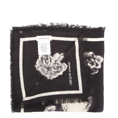 Shop Alexander Mcqueen Skull & Roses Silk-wool Blend Scarf In Black