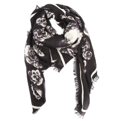 Shop Alexander Mcqueen Skull & Roses Silk-wool Blend Scarf In Black