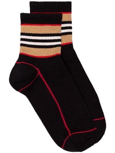 Shop Burberry Black Women's Stripe Intarsia Black Cotton Socks