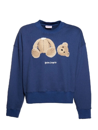 Shop Palm Angels Blue Men's Kill The Bear Crewneck Cropped Sweater