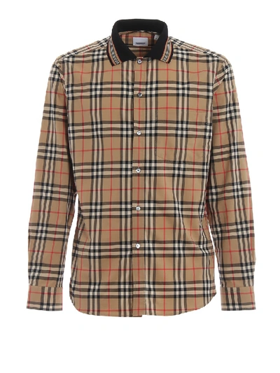 Shop Burberry Slim Check Cotton Shirt With Knit Collar In Grey