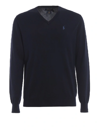 Shop Polo Ralph Lauren Dark Blue Cotton V-neck Pullover In Black