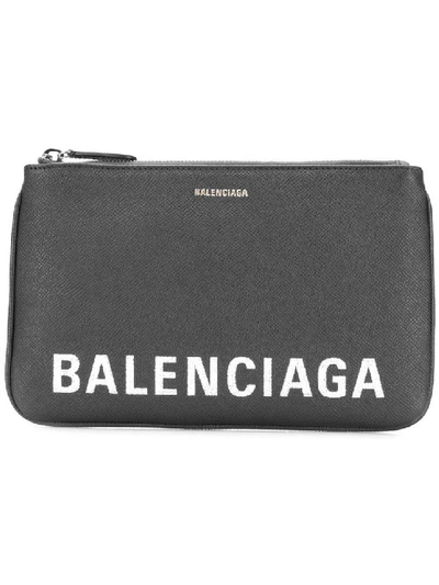 Shop Balenciaga Black Women's Pebbled Texture Logo Pouch In Grey