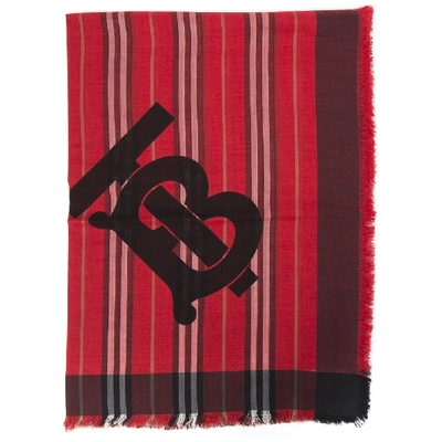 Shop Burberry Red Wool & Silk Monogram Scarf