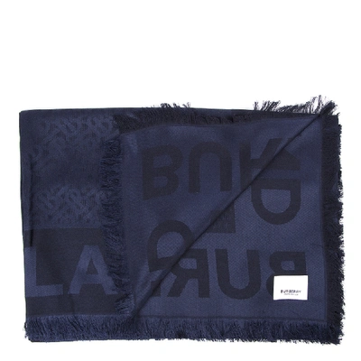 Shop Burberry Wool & Silk Navy Logo Scarf In Black