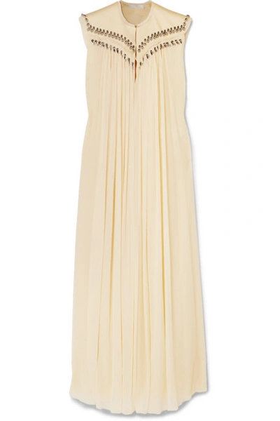 Shop Chloé Embellished Frayed Silk-georgette Gown In Neutrals