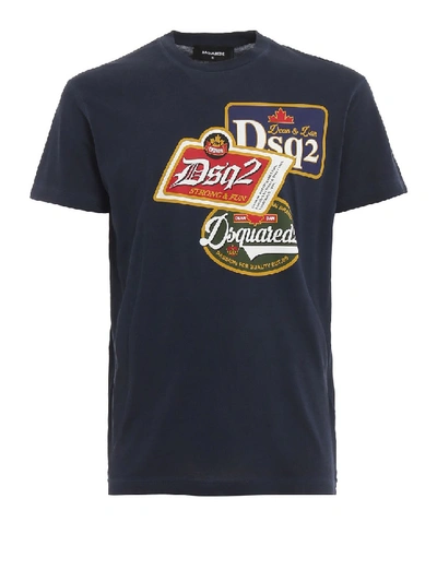 Shop Dsquared2 Printed Patch Navy Blue Cotton T-shirt In Black