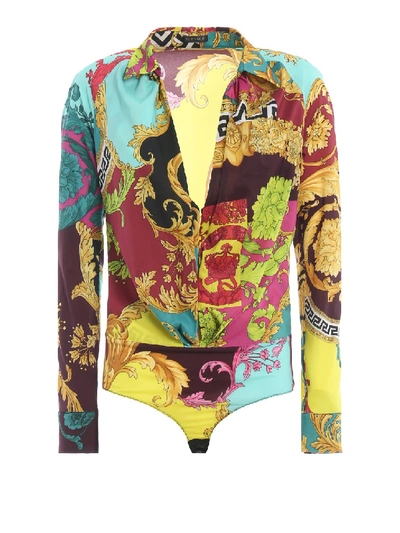 Shop Versace Multicolor Voyage Barocco Bodysuit In Gold