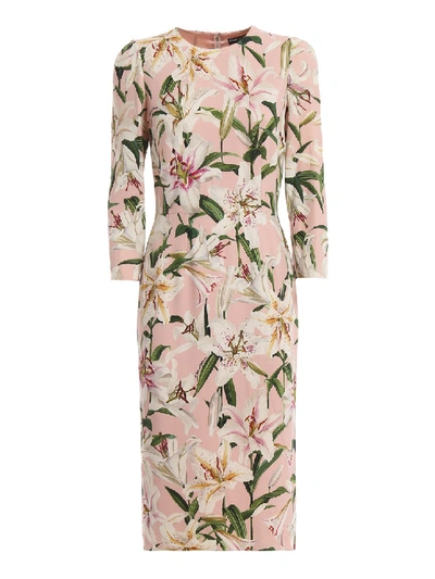 Shop Dolce & Gabbana Lilium Print Crepe Cady Sheath Dress In Neutrals