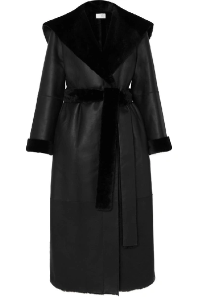 Shop The Row Riona Hooded Belted Shearling Coat In Black