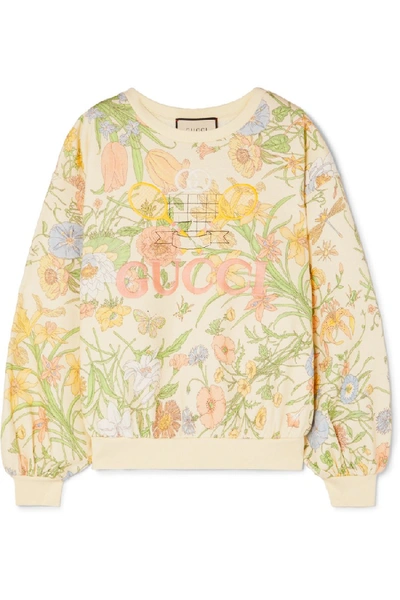 Shop Gucci Embroidered Floral-print Cotton-jersey Sweatshirt In Neutrals