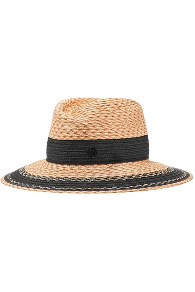 Shop Maison Michel Grosgrain-trimmed Straw Hat In Brown