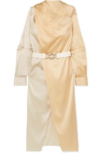 Shop Bottega Veneta Belted Two-tone Stretch-silk Satin Wrap Dress In Neutrals