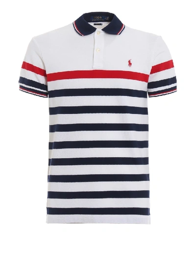 Shop Polo Ralph Lauren Striped Pique Cotton Polo Shirt In White
