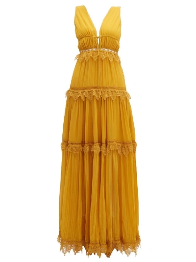 Shop Jonathan Simkhai Lace-trimmed Tiered Silk Maxi Dress In Gold