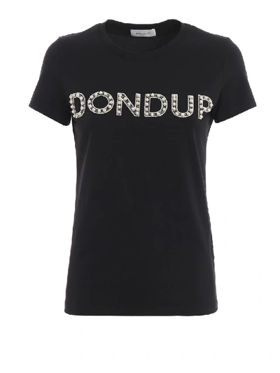 Shop Dondup Pearl Embellished Logo Black Cotton T-shirt