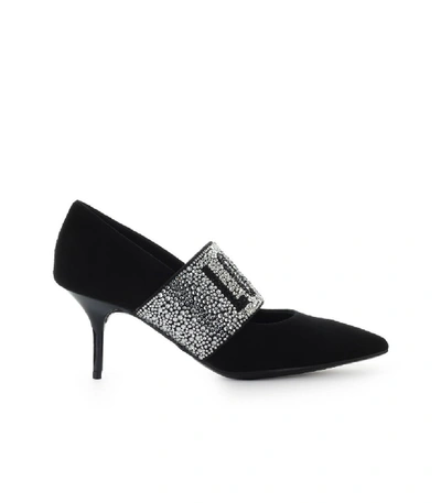 Shop Love Moschino Black Suede Pump With Rhinestones Logo