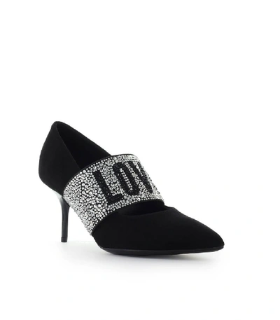 Shop Love Moschino Black Suede Pump With Rhinestones Logo