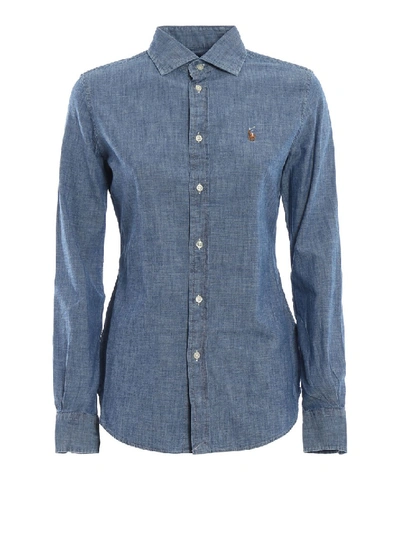 Shop Polo Ralph Lauren Denim Effect Cotton Slim Fit Shirt In Blue