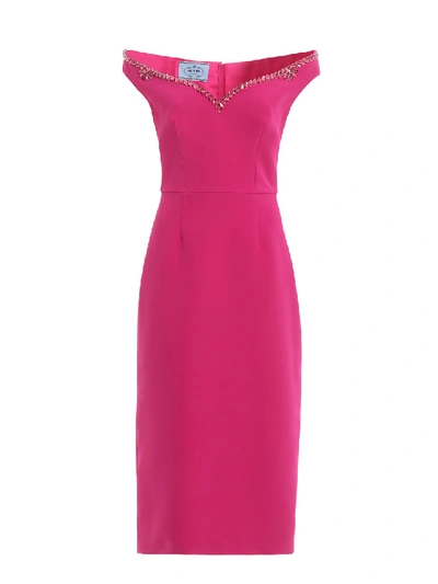 Shop Prada Bejewelled Crepe Cady Dress In Pink