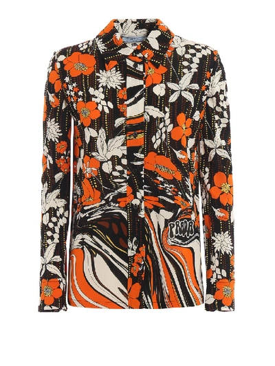 Shop Prada Floral Optical Viscose Shirt In Black