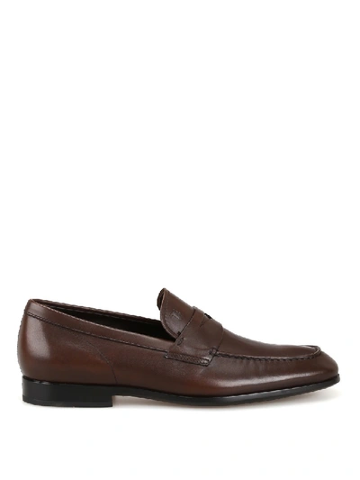 Shop Tod's Tapered Toe Dark Brown Leather Loafers In Black