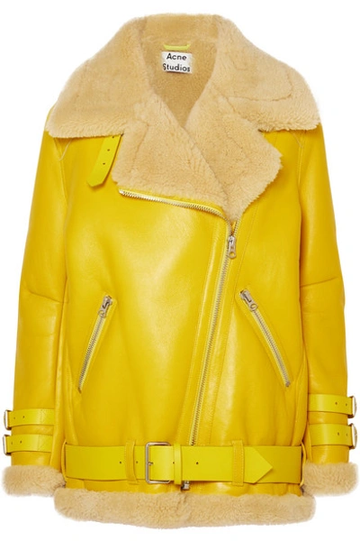 Shop Acne Studios Velocite Shearling-trimmed Leather Biker Jacket In Gold