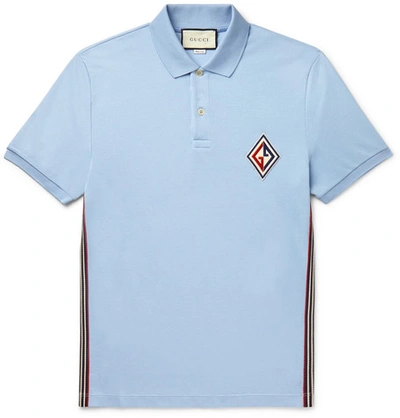 Shop Gucci Logo-appliquéd Striped Cotton-blend Piqué Polo Shirt In Blue