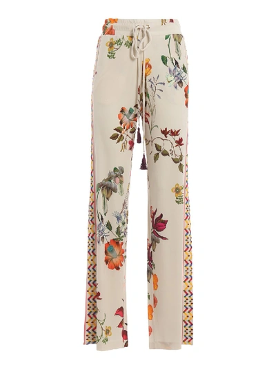 Shop Etro Flower Print White Viscose Trousers In Neutrals